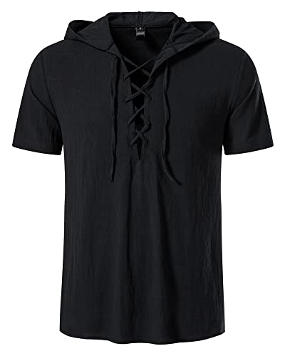 MakingDa Herren Baumwolle Retro Schnürung Hemden Kapuze Sommer Kurzarm Smart Casual Strand Hoodies Tops, Schwarz , XL von MakingDa