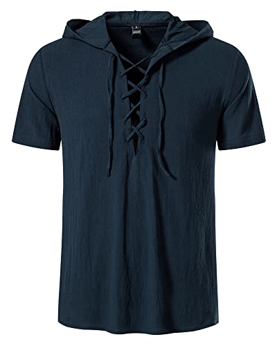 MakingDa Herren-Kapuzen-Shirt, Schnürhemd, Sommer, leichte Baumwolle, kurzärmelig, elegant, lässig, Strand-Kapuzenpullover, dunkelblau, S von MakingDa