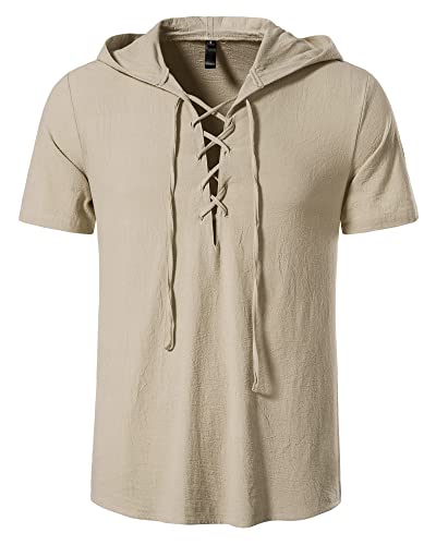 MakingDa Herren-Kapuzen-Shirt, Schnürhemd, Sommer, leichte Baumwolle, kurzärmelig, elegant, lässig, Strand-Kapuzenpullover, khaki, L von MakingDa