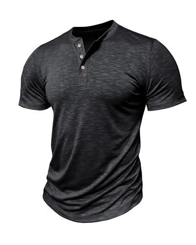MakingDa Herren Casual Muscle Fit Kurzarm Henley Shirt Stylish 3 Buttons Slim Fitted T Shirts Tops, Schwarz , XL von MakingDa