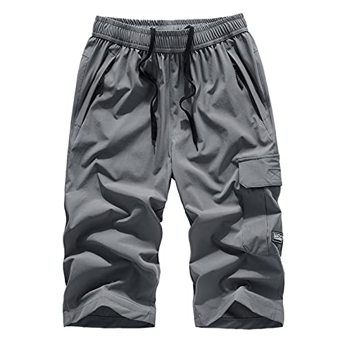 MakingDa 3/4 lange Herren-Shorts, unterhalb des Knies, Cargohose, 3/4 lange Shorts mit Reißverschlusstasche, kurze Hose, grau, M von MakingDa