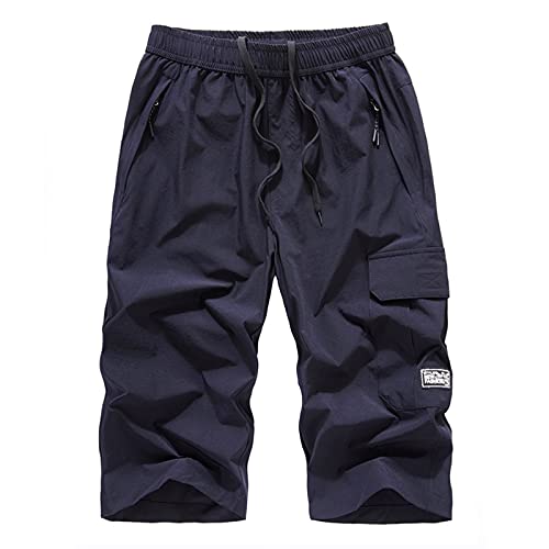 MakingDa 3/4 lange Herren-Shorts, unterhalb des Knies, Cargohose, 3/4 lange Shorts mit Reißverschlusstasche, kurze Hose, dunkelblau, L von MakingDa
