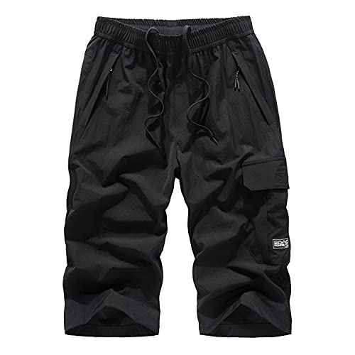 MakingDa 3/4 lange Herren-Shorts, unterhalb des Knies, Cargohose, 3/4 lange Shorts mit Reißverschlusstasche, kurze Hose, Schwarz , XL von MakingDa