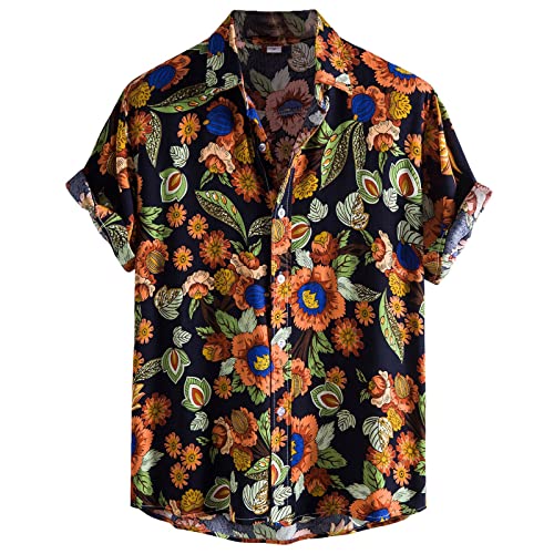 MakingDa Herren Funky Floral Hawaiihemd Kurzarm Hawaii Print Hemd Sommer Casual Strand Urlaub Aloha Blumen Hemd Schwarze Blumen 3XL von MakingDa