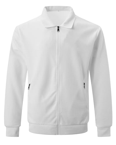 MakingDa Herren-Jacke, elegant, lässig, Frühling, Sommer, leicht, Revers, Waffelmuster, Windbreaker, Mantel mit Reißverschlusstaschen, weiß, XL MakingDa Herren-Jacke, elegant, lässig, Frühling, Sommer, leicht, Revers, Waffelmuster, Windbreaker, Mantel mit Reißverschlusstaschen, weiß, XL von MakingDa