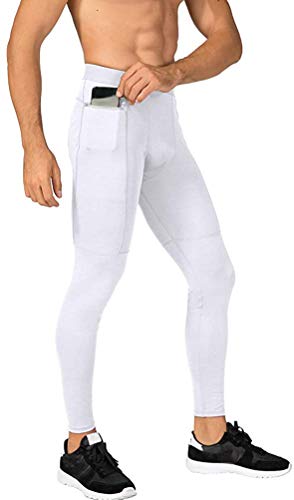 MakingDa Herren Jogger Sport Kompressionshose Workout Running Tights Leggings Cool Dry Technisches Training Baselayer mit Reißverschlusstasche Gr. 34-37, weiß von MakingDa