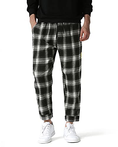 MakingDa Herren Karierte Jogginghose Trainingshose Elastische Taille Freizeit Joggen Laufen Sweathose Arbeitshose Plaid Loungehose mit Taschen - Schwarz - L, Schwarz , L von MakingDa