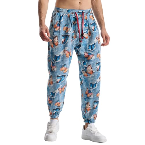 MakingDa Herren-Jogginghose aus Baumwolle mit elastischem Bund, Paisley bedruckter, Hippie-Stil Weite Beinhose, Lockere Passform, bequem für Strand, Spazierengehen, Laufen und Joggen-JK60-1-3XL von MakingDa