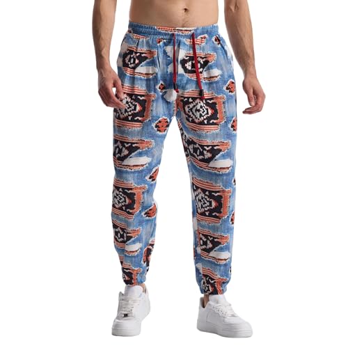 MakingDa Herren-Jogginghose aus Baumwolle mit elastischem Bund, Paisley bedruckter, Hippie-Stil Weite Beinhose, Lockere Passform, bequem für Strand, Spazierengehen, Laufen und Joggen-JK60-3-M von MakingDa