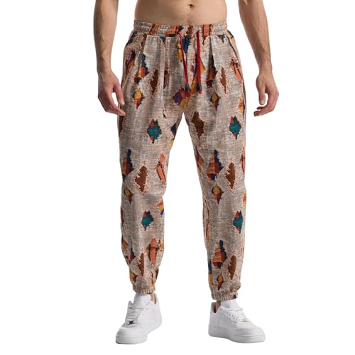 MakingDa Herren-Jogginghose aus Baumwolle mit elastischem Bund, Paisley bedruckter, Hippie-Stil Weite Beinhose, Lockere Passform, bequem für Strand, Spazierengehen, Laufen und Joggen-JK60-4-L von MakingDa