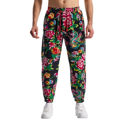 MakingDa Herren-Jogginghose aus Baumwolle mit elastischem Bund, Paisley bedruckter, Hippie-Stil Weite Beinhose, Lockere Passform, bequem für Strand, Spazierengehen, Laufen und Joggen-JK61-2-3XL von MakingDa