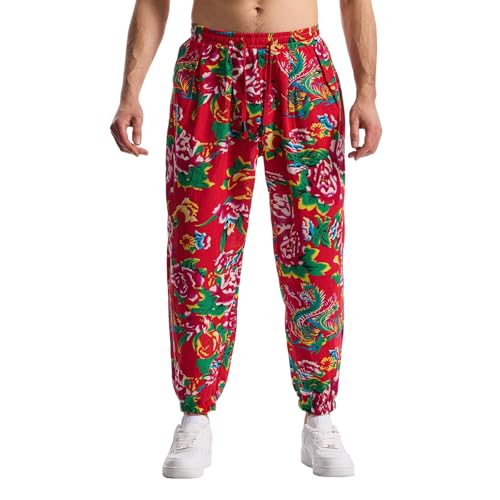 MakingDa Herren-Jogginghose aus Baumwolle mit elastischem Bund, Paisley bedruckter, Hippie-Stil Weite Beinhose, Lockere Passform, bequem für Strand, Spazierengehen, Laufen und Joggen-JK61-3-S von MakingDa