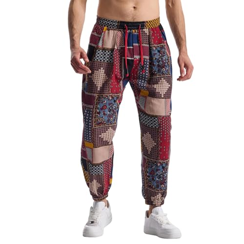 MakingDa Herren-Jogginghose aus Baumwolle mit elastischem Bund, Paisley bedruckter, Hippie-Stil Weite Beinhose, Lockere Passform, bequem für Strand, Spazierengehen, Laufen und Joggen-JK62-1-M von MakingDa