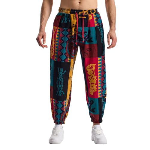 MakingDa Herren-Jogginghose aus Baumwolle mit elastischem Bund, Paisley bedruckter, Hippie-Stil Weite Beinhose, Lockere Passform, bequem für Strand, Spazierengehen, Laufen und Joggen-JK62-4-XXL von MakingDa