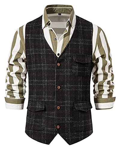 MakingDa Herren Karierte Weste, formell, ärmellos, V-Ausschnitt, kariert, Tweed, Business-Weste, Freizeitkleid, Anzugweste mit Tasche, Schwarz , M von MakingDa