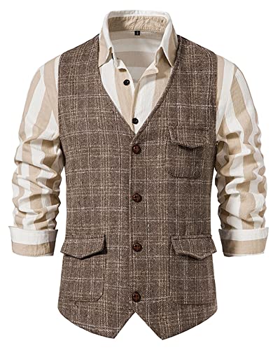 MakingDa Herren Karierte Weste, formell, ärmellos, V-Ausschnitt, kariert, Tweed, Business-Weste, Freizeitkleid, Anzugweste mit Tasche, coffee, XXL von MakingDa