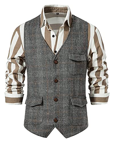 MakingDa Herren Karierte Weste, formell, ärmellos, V-Ausschnitt, kariert, Tweed, Business-Weste, Freizeitkleid, Anzugweste mit Tasche, grau, L von MakingDa