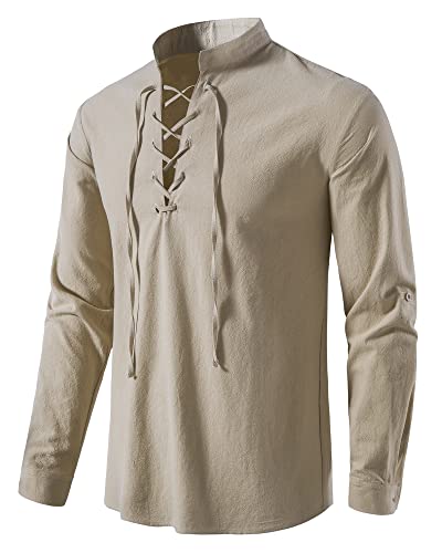 Herren Baumwolle Klassisch Schottisch Jacobite Ghillie Kilt-Shirt Langarm Gemütlich Schnüren Piraten Shirts Mittelalter Vintage Kostüm Tops, A275-Khaki, XXL von MakingDa