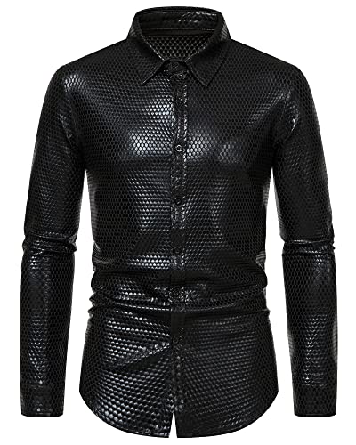 MakingDa Herrenhemd, Rautenmuster, Bronzing-Druck, langärmelig, Button-Down-Shirt, 70er-Jahre, Disco-Party, Kostüm, Schwarz , S von MakingDa