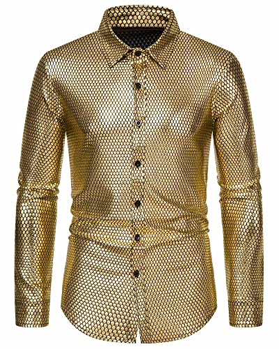 MakingDa Herren Kleid Hemd Rhombus Bronzing Print Langarm Button Down Shirts 70er Jahre Disco Party Kostüm, gold, L von MakingDa