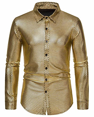 MakingDa Herrenhemd, Rautenmuster, Bronzing-Druck, langärmelig, Button-Down-Shirt, 70er-Jahre, Disco-Party, Kostüm, gold, M von MakingDa
