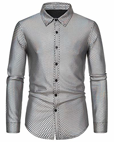 MakingDa Herren Kleid Hemd Rhombus Bronzing Print Langarm Button Down Shirts 70er Jahre Disco Party Kostüm, silber, L von MakingDa