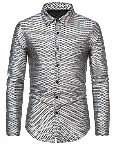 MakingDa Herrenhemd, Rautenmuster, Bronzing-Druck, langärmelig, Button-Down-Shirt, 70er-Jahre, Disco-Party, Kostüm, silber, L von MakingDa