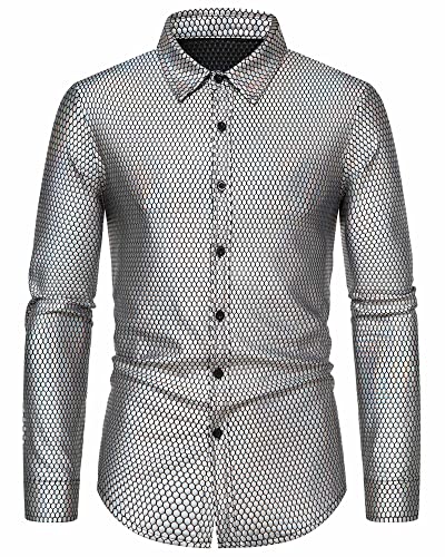 MakingDa Herren Kleid Hemd Rhombus Bronzing Print Langarm Button Down Shirts 70er Jahre Disco Party Kostüm, silber, XL von MakingDa