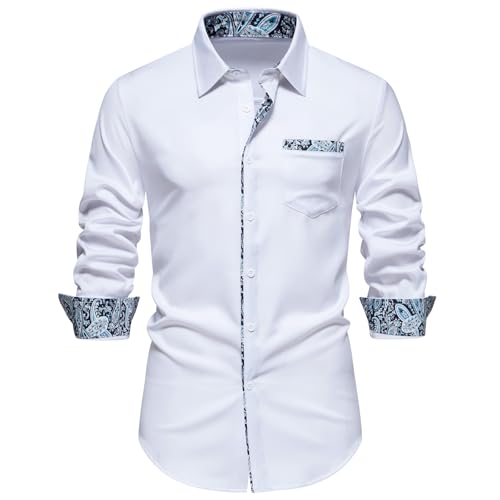 MakingDa Herren Kontrasthemd Paisley Casual Business Formell Langarm Button Down Hemden, Z-weiß, M von MakingDa