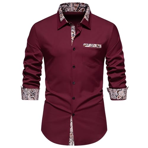 MakingDa Herren Kontrasthemd Paisley Casual Business Formell Langarm Button Down Hemden, burgunderfarben, XXL von MakingDa