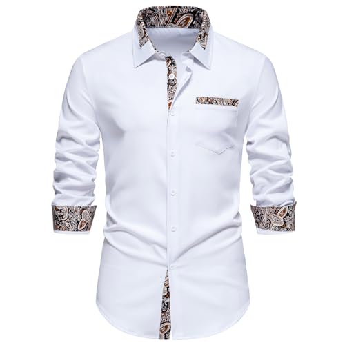 MakingDa Herren Kontrasthemd Paisley Casual Business Formell Langarm Button Down Hemden, weiß, XL von MakingDa