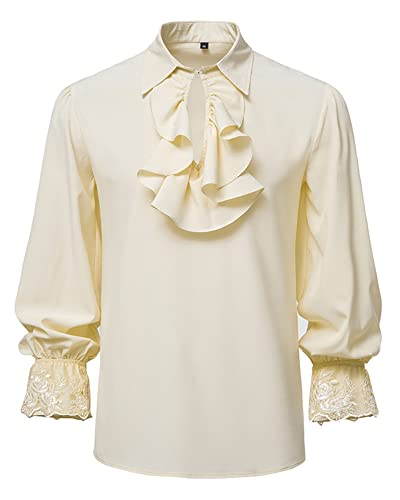 MakingDa Herren Renaissance Steampunk Viktorianisch Langarm Jabot Kragen Mittelalterlich Piratenhemd Tops-Khaki-S von MakingDa
