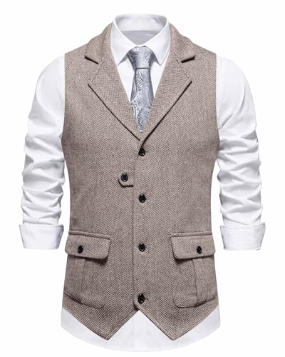 MakingDa Herren-Weste Formell Casual V-Ausschnitt Tweed Anzug Westen Business Freizeit Fischgrätmuster ärmellos Einfarbig Slim Fit Hochzeit Party Anzugweste mit Tasche-Khaki-L von MakingDa