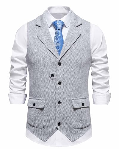 MakingDa Herren-Weste Formell Casual V-Ausschnitt Tweed Anzug Westen Business Freizeit Fischgrätmuster ärmellos Einfarbig Slim Fit Hochzeit Party Anzugweste mit Tasche-Lichtgrau-M von MakingDa