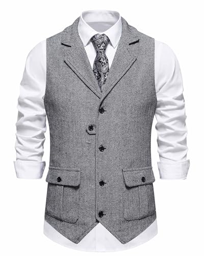 MakingDa Herren-Weste Formell Casual V-Ausschnitt Tweed Anzug Westen Business Freizeit Fischgrätmuster ärmellos Einfarbig Slim Fit Hochzeit Party Anzugweste mit Tasche-Schwarz-L von MakingDa
