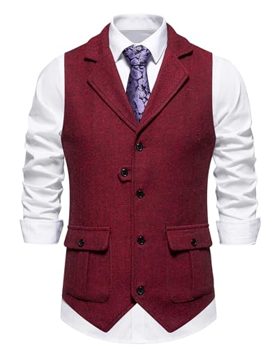 MakingDa Herren-Weste Formell Casual V-Ausschnitt Tweed Anzug Westen Business Freizeit Fischgrätmuster ärmellos Einfarbig Slim Fit Hochzeit Party Anzugweste mit Tasche-Weinrot-2XL von MakingDa