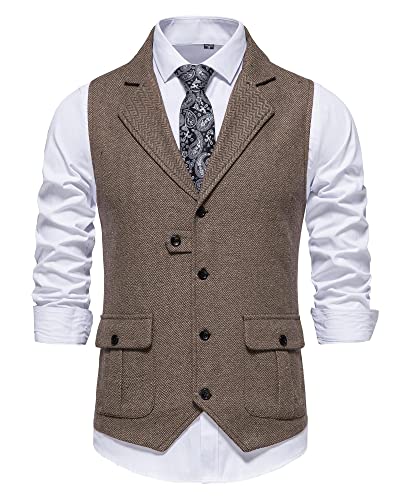 MakingDa Herren-Weste Formell Casual V-Ausschnitt Tweed Anzug Westen Business Freizeit Fischgrätmuster ärmellos Einfarbig Slim Fit Hochzeit Party Anzugweste mit Tasche-Braun-S von MakingDa