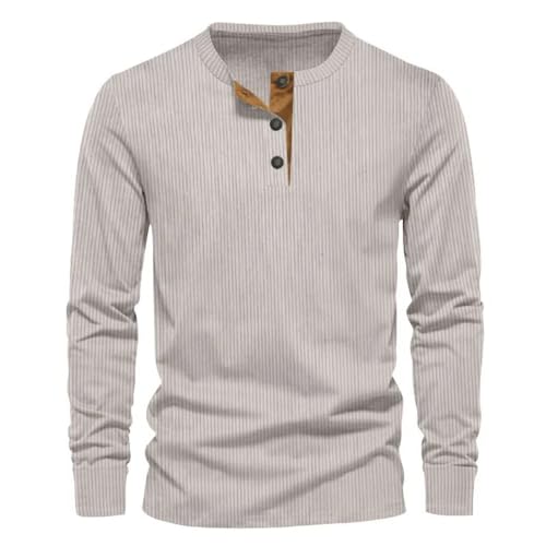 MakingDa Kordüroy Henley-Hemd für Männer Langarm Knopf Pullover Slim Fit Vintage Weich Leicht Casual Klassisch Arbeits Sweatshirt Aprikose L von MakingDa