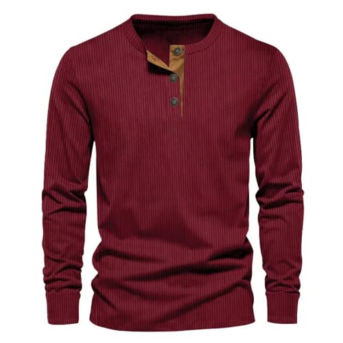 MakingDa Kordüroy Henley-Hemd für Männer Langarm Knopf Pullover Slim Fit Vintage Weich Leicht Casual Klassisch Arbeits Sweatshirt Rot XL von MakingDa