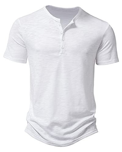 MakingDa Lässiges Henley-Shirt für Herren, lang/kurzärmelig, Muskel-Passform, stilvoll, 4 Knöpfe, eng anliegend, T-Shirts, weiß, M von MakingDa