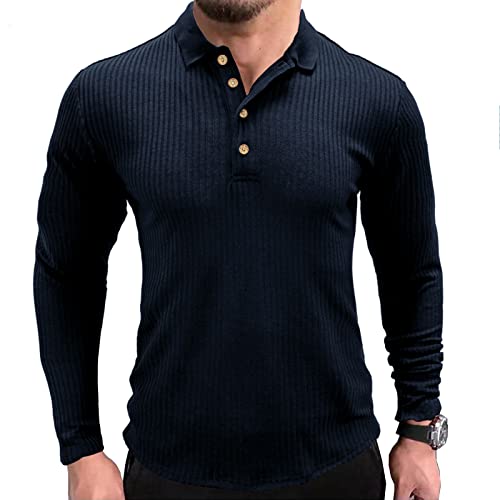 Poloshirt Herren Langarm Slim Fit Muskel Polohemd Männer Dehnbar Sport Pullover Polo Hemd Golf Tennis T-Shirt Dunkelblau L von MakingDa