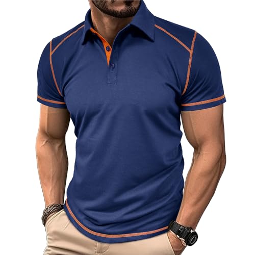 MakingDa Poloshirt Herren Kurzarm Farbblockiert V-Ausschnitt Kurzarm Mit Kragen Klassisch Slim Fit Massiv Polohemd Golf Laufen Leichtgewicht Sportkleidung Sommer Arbeit Polo Shirt Blau L von MakingDa