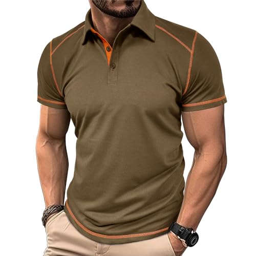 MakingDa Poloshirt Herren Kurzarm Farbblockiert V-Ausschnitt Kurzarm Mit Kragen Klassisch Slim Fit Massiv Polohemd Golf Laufen Leichtgewicht Sportkleidung Sommer Arbeit Polo Shirt Khaki L von MakingDa