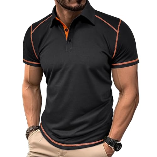 MakingDa Poloshirt Herren Kurzarm Farbblockiert V-Ausschnitt Kurzarm Mit Kragen Klassisch Slim Fit Massiv Polohemd Golf Laufen Leichtgewicht Sportkleidung Sommer Arbeit Polo Shirt Schwarz M von MakingDa