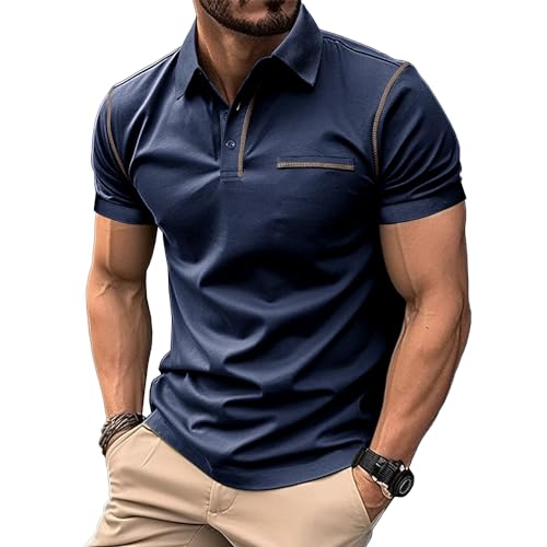 MakingDa Poloshirt Herren Kurzarm Schein-Tasche V-Ausschnitt Kragen Klassisch Lässig Regular Fit Einfarbig Polohemd Golf Tennis Laufen Leichtgewicht Sportkleidung Sommer Arbeit Poloshirt Blau M von MakingDa
