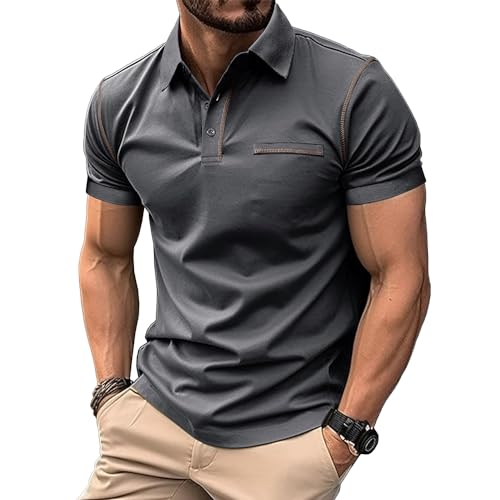 MakingDa Poloshirt Herren Kurzarm Schein-Tasche V-Ausschnitt Kragen Klassisch Lässig Regular Fit Einfarbig Polohemd Golf Tennis Laufen Leichtgewicht Sportkleidung Sommer Arbeit Poloshirt Dunkelgrau XL von MakingDa
