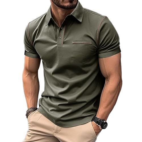 MakingDa Poloshirt Herren Kurzarm Schein-Tasche V-Ausschnitt Kragen Klassisch Lässig Regular Fit Einfarbig Polohemd Golf Tennis Laufen Leichtgewicht Sportkleidung Sommer Arbeit Poloshirt Grün XXL von MakingDa