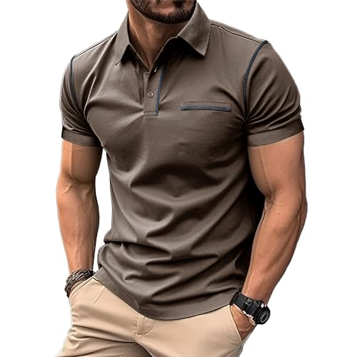 MakingDa Poloshirt Herren Kurzarm Schein-Tasche V-Ausschnitt Kragen Klassisch Lässig Regular Fit Einfarbig Polohemd Golf Tennis Laufen Leichtgewicht Sportkleidung Sommer Arbeit Poloshirt Khaki L von MakingDa