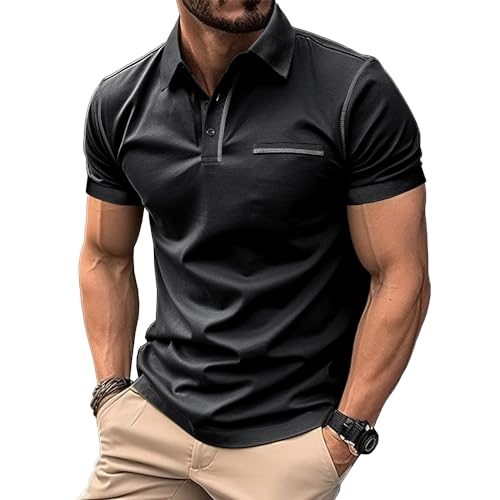 MakingDa Poloshirt Herren Kurzarm Schein-Tasche V-Ausschnitt Kragen Klassisch Lässig Regular Fit Einfarbig Polohemd Golf Tennis Laufen Leichtgewicht Sportkleidung Sommer Arbeit Poloshirt Schwarz XL von MakingDa