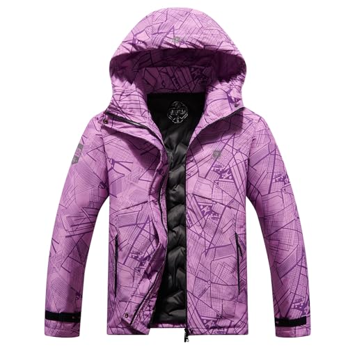 MakingDa Wasserdichte Damen-Winterjacke, winddicht, warm, gepolstert, gefüttert, Outdoor-Parka, Jacke mit Kapuze, Damen-Lila-Print, 38 von MakingDa